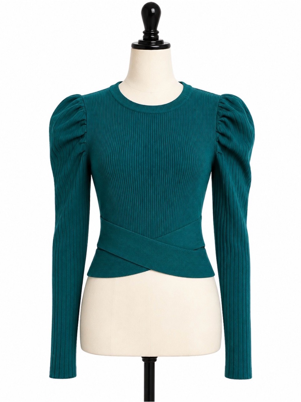 ZARA Women’s Emerald Green Ribbed Puff Sleeve Cropped Knit Sweater Top